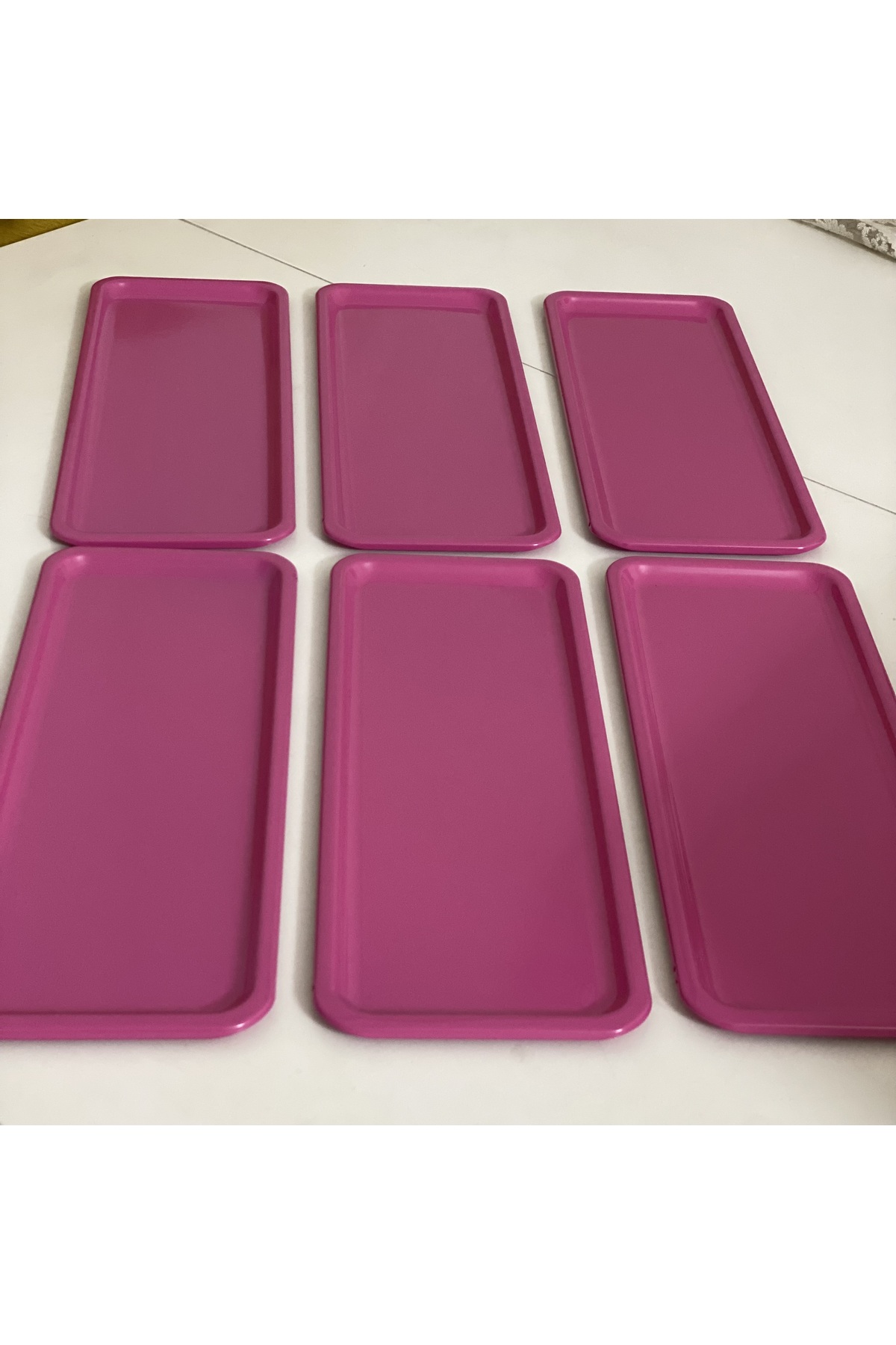 PEMBE RENK DİKDÖRTGEN MODEL 6 LI ÇAY KAHVE TEPSİSİ METAL PEMBE