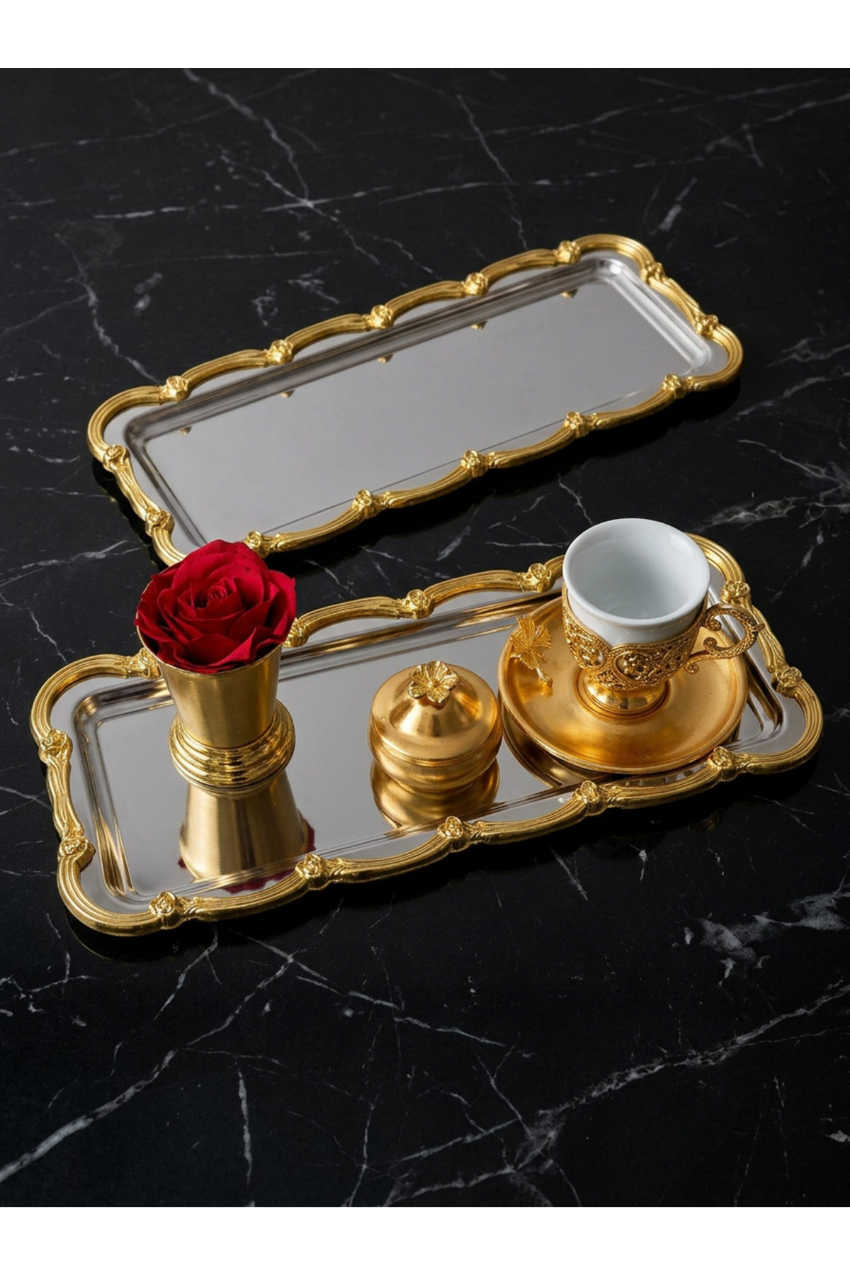 ÇELİK DİKDÖRTGEN 2 ADET GOLD ÇERÇEVELİ 13*33 CM SUNUM TEPSİSİ