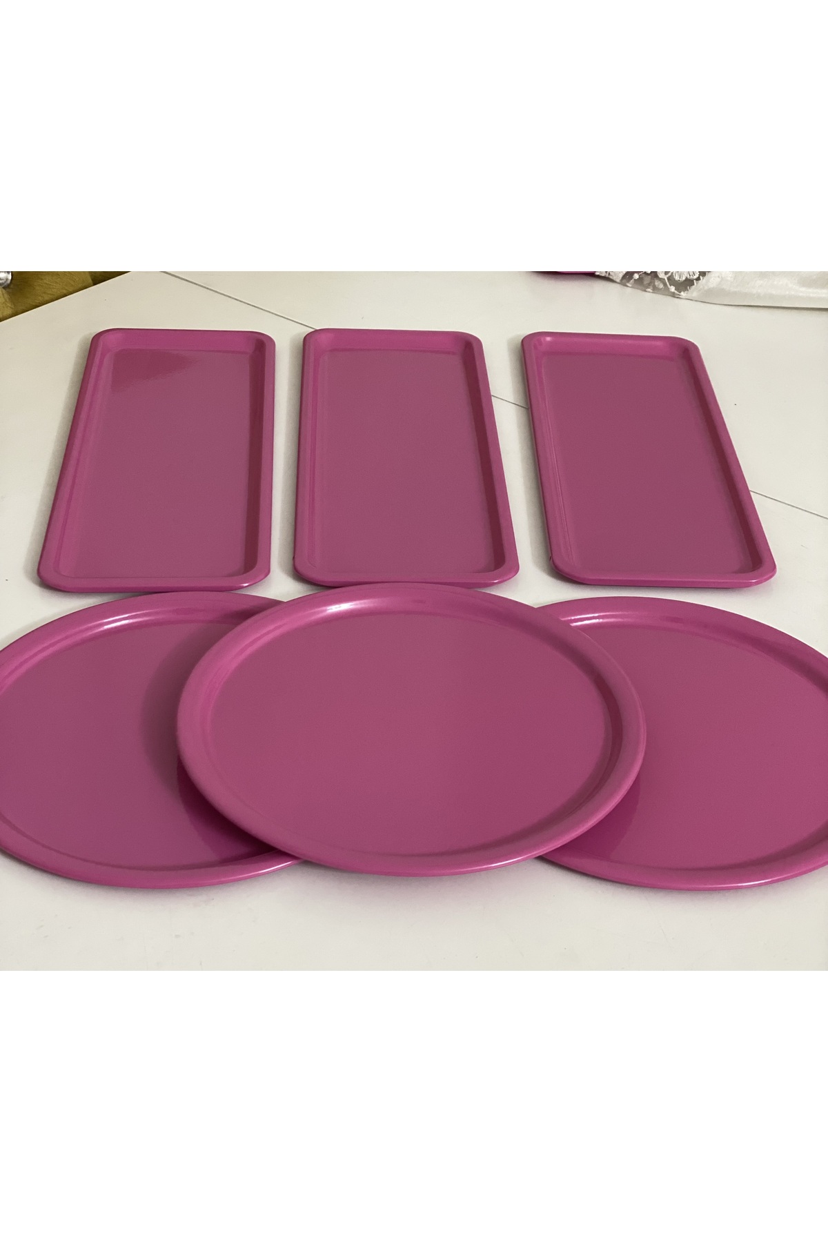 DİKDÖRTGEN VE YUVARLAK MODEL 6 LI PEMBE RENK SERVİS VE SUNUM TEPSİSİ