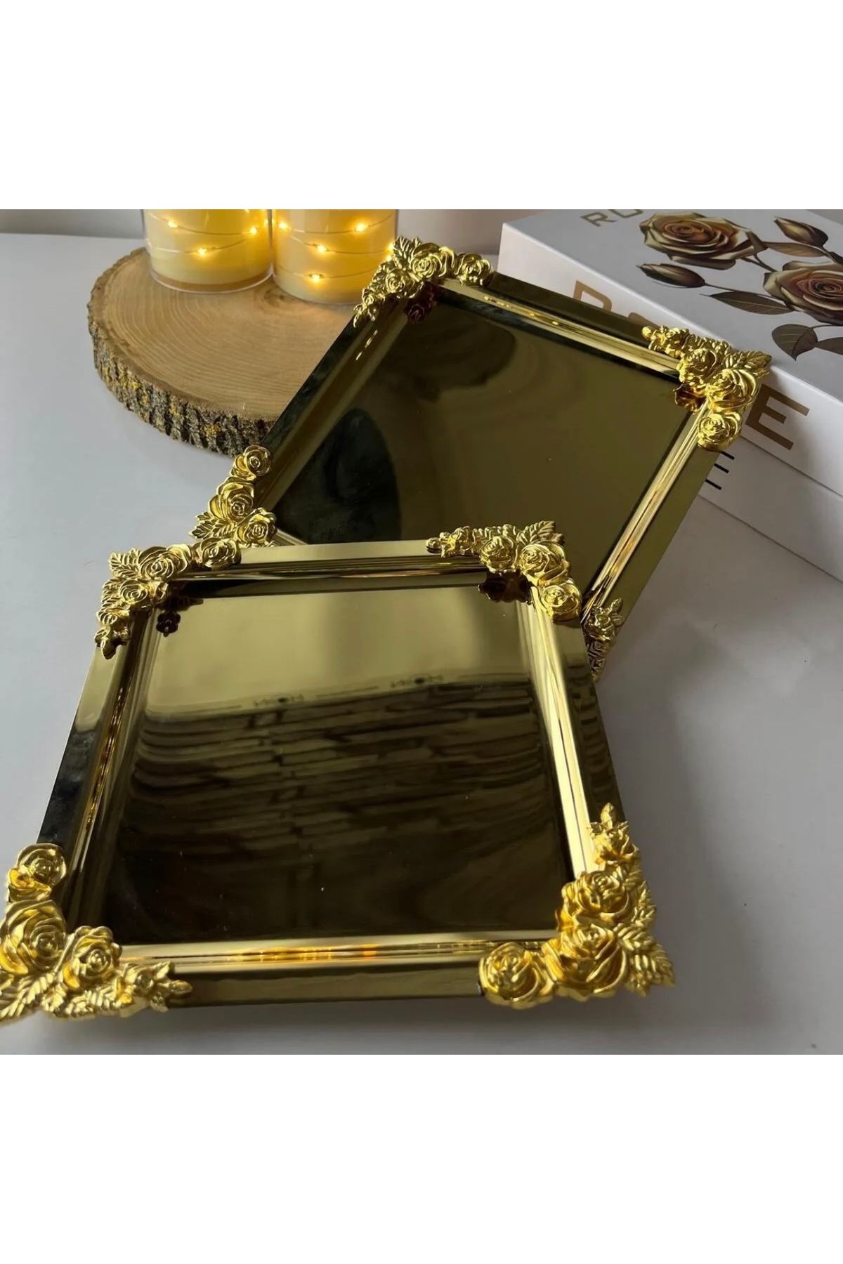 2 ADET ÇELİK GOLD KARE MODEL GOLD DÖRT KÖŞE AKSESUARLI SERVİS TEPSİSİ ÇAY KAHVE
