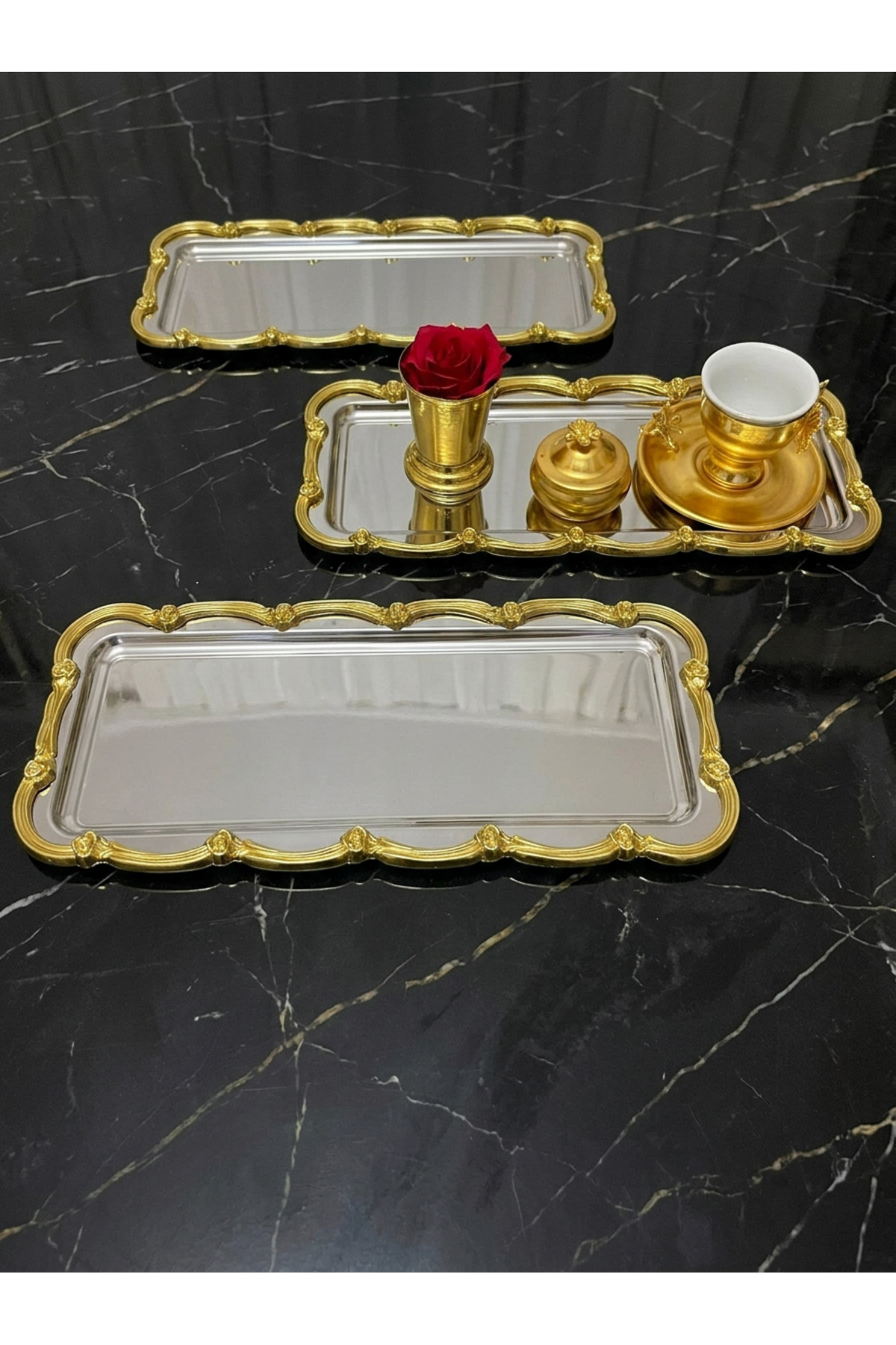 ÇELİK DİKDÖRTGEN 3 ADET GOLD ÇERÇEVELİ 13*33 CM SUNUM TEPSİSİ
