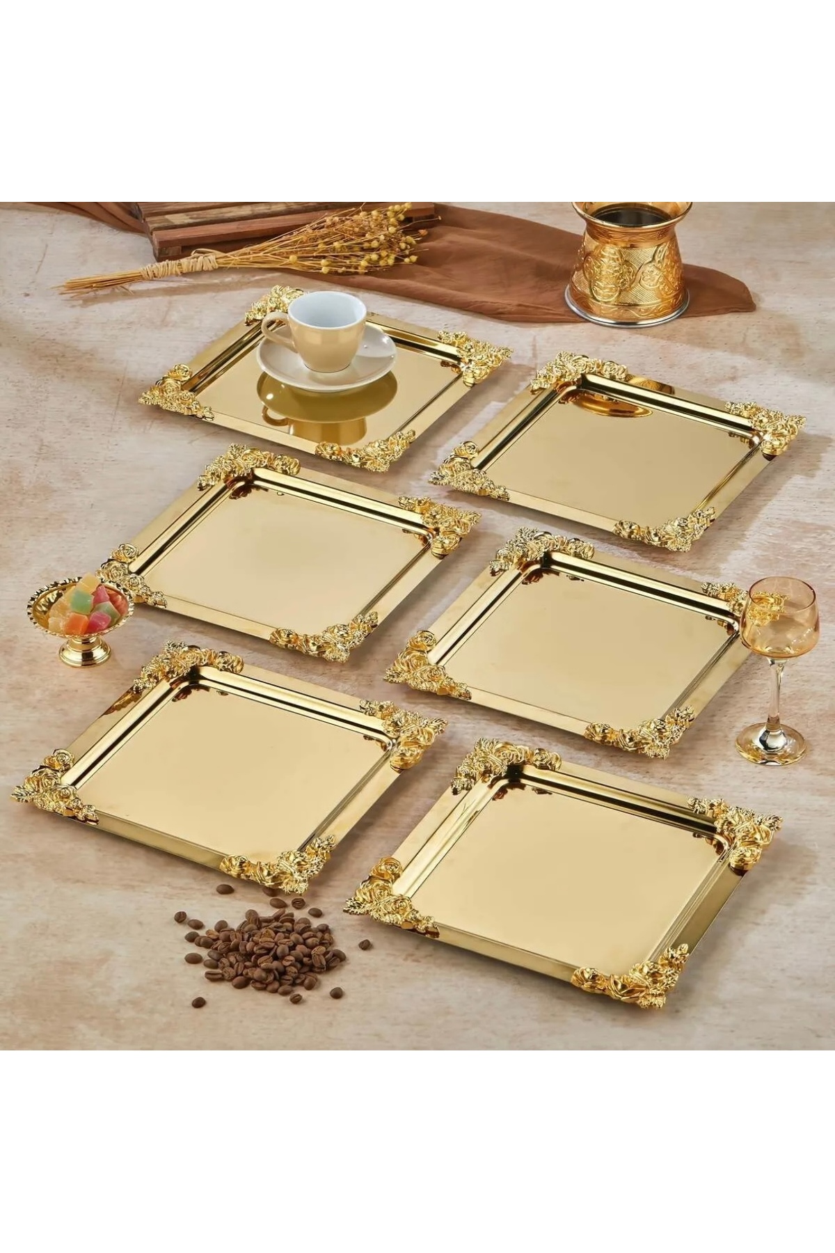 6 ADET ÇELİK GOLD RENK KARE DÖRT KÖŞE AKSESUARLI SERVİS VE SUNUM TEPSİSİ