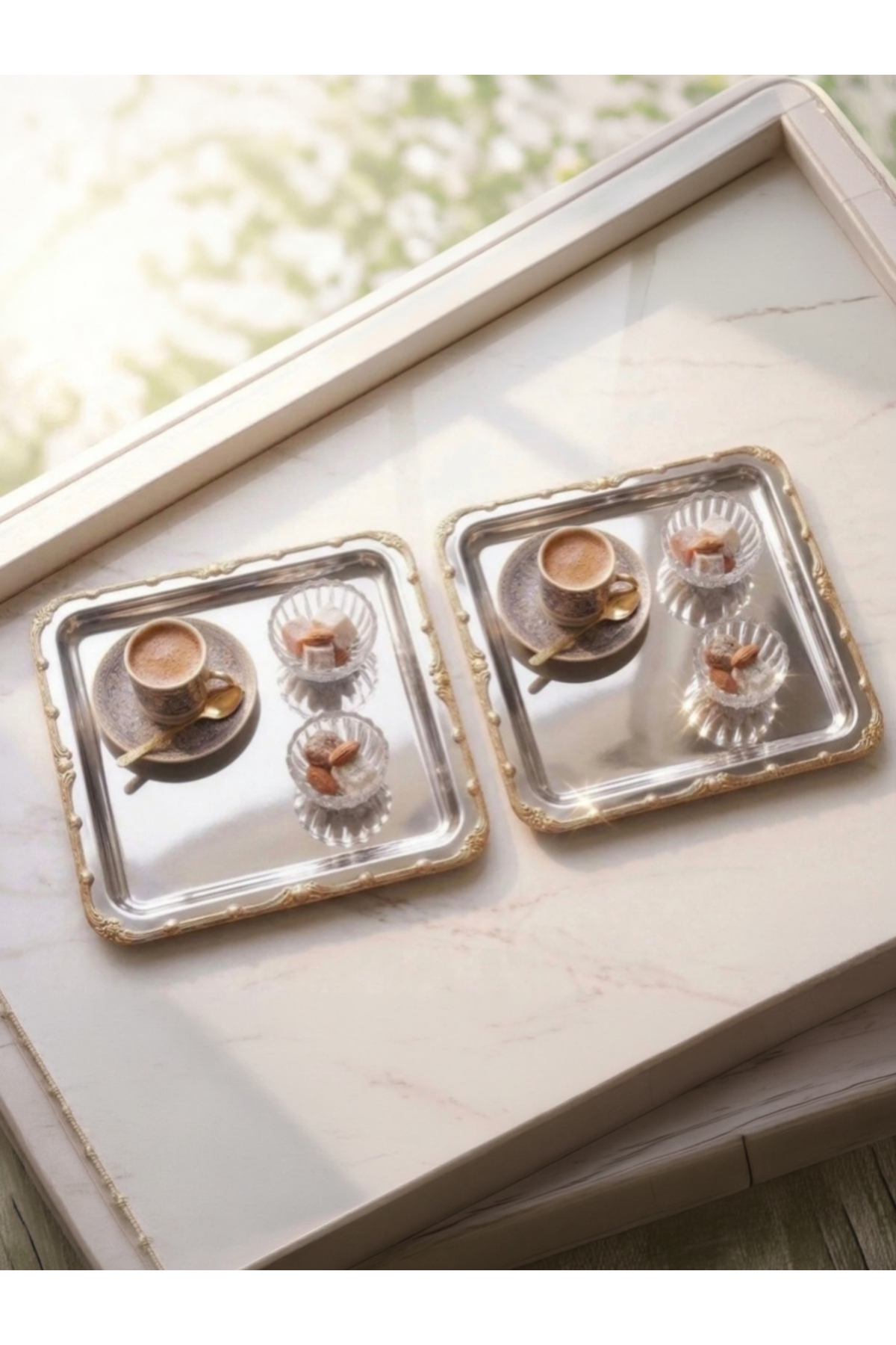 PASLANMAZ ÇELİK KARE 2 ADET KENARI GOLD DESENLİ ÇAY KAHVE TEPSİSİ SUNUM
