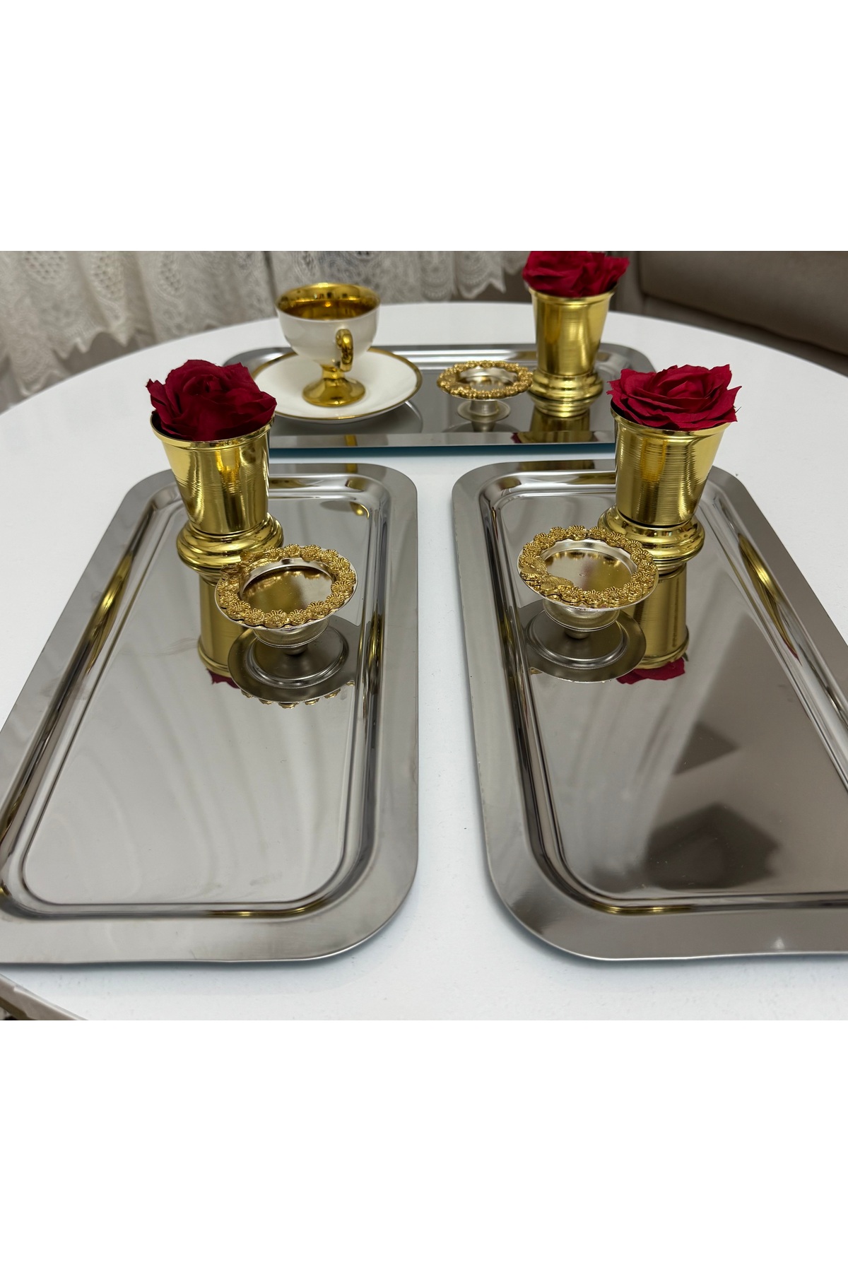 ÜÇ MODEL 3 LÜ ÇELİK BÜYÜK BATON TEPSİ GOLD GÜL KOVASI VE KURDELE ÇERÇEVELİ GÜMÜŞ MAKARONLUK