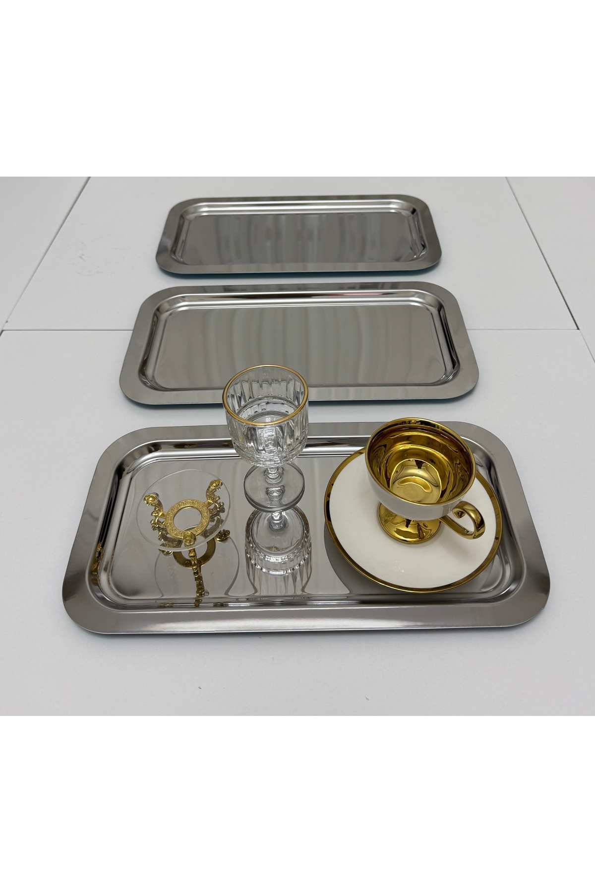 6 ADET ÇELİK BÜYÜK DİKDÖRTGEN MODEL SERVİS VE SUNUM TEPSİSİ 17*33 CM