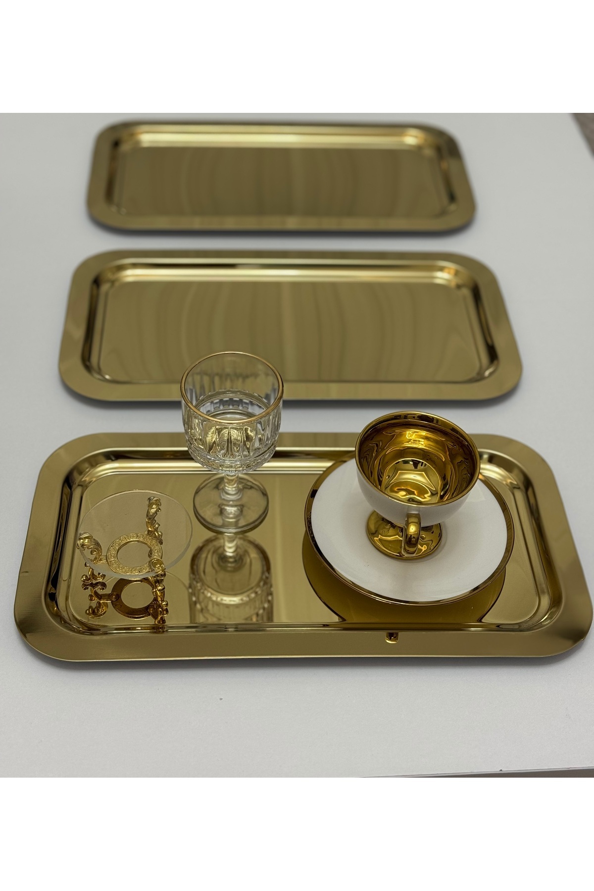 6 ADET GOLD RENK BÜYÜK DİKDÖRTGEN MODEL SERVİS VE SUNUM TEPSİSİ 17*33 CM ÇAY KAHVE