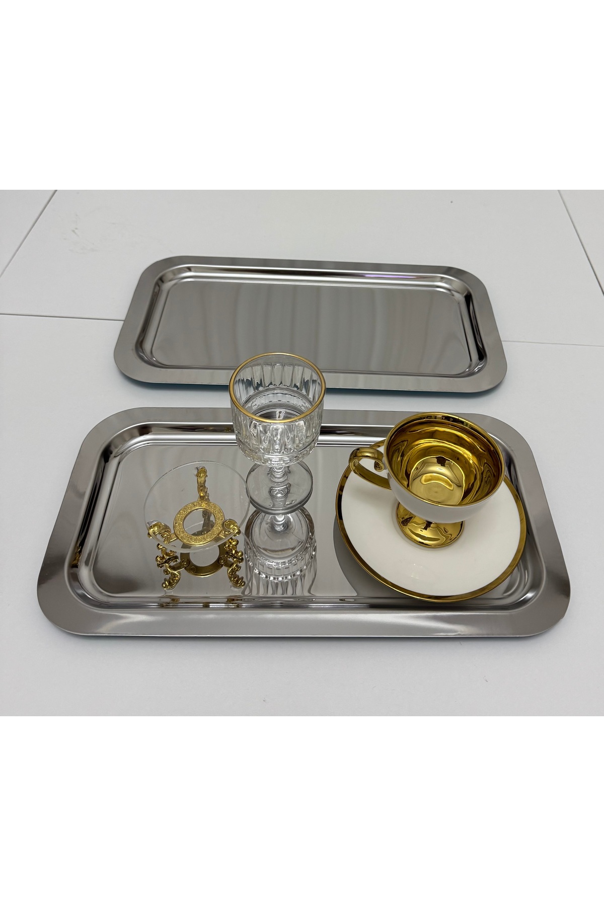 2 ADET ÇELİK BÜYÜK DİKDÖRTGEN MODEL SERVİS VE SUNUM TEPSİSİ 18*33 CM