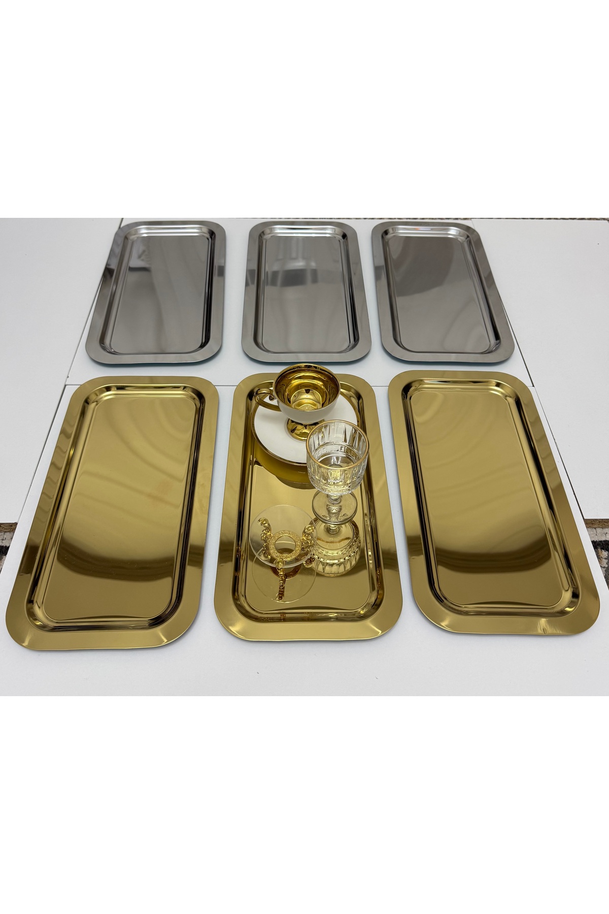 3 GOLD 3 GÜMÜŞ BÜYÜK DİKDÖRTGEN MODEL SERVİS VE SUNUM TEPSİSİ 18*33 CM