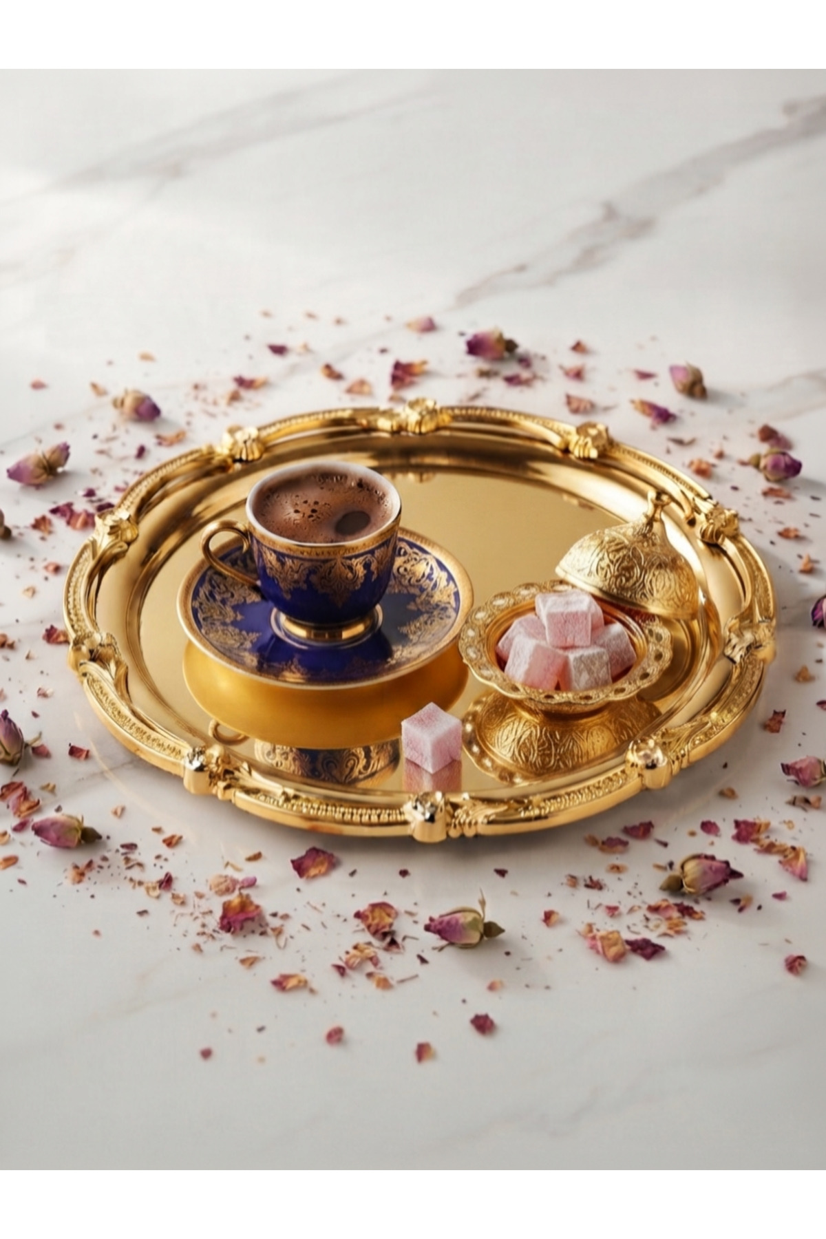 LÜX GOLD YUVARLAK 1 ADET GOLD ÇERÇEVELİ KAHVE SUNUM TEPSİSİ