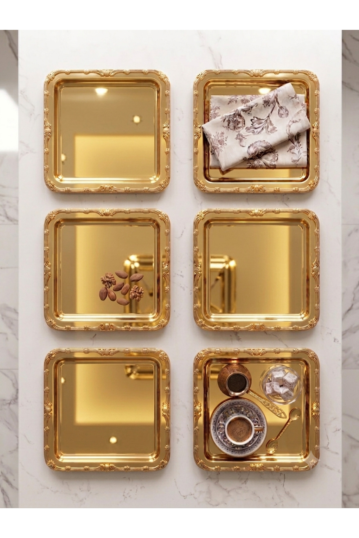 GOLD KARE 6 ADET KENARI GOLD DESENLİ ÇAY KAHVE SUNUM TEPSİSİ