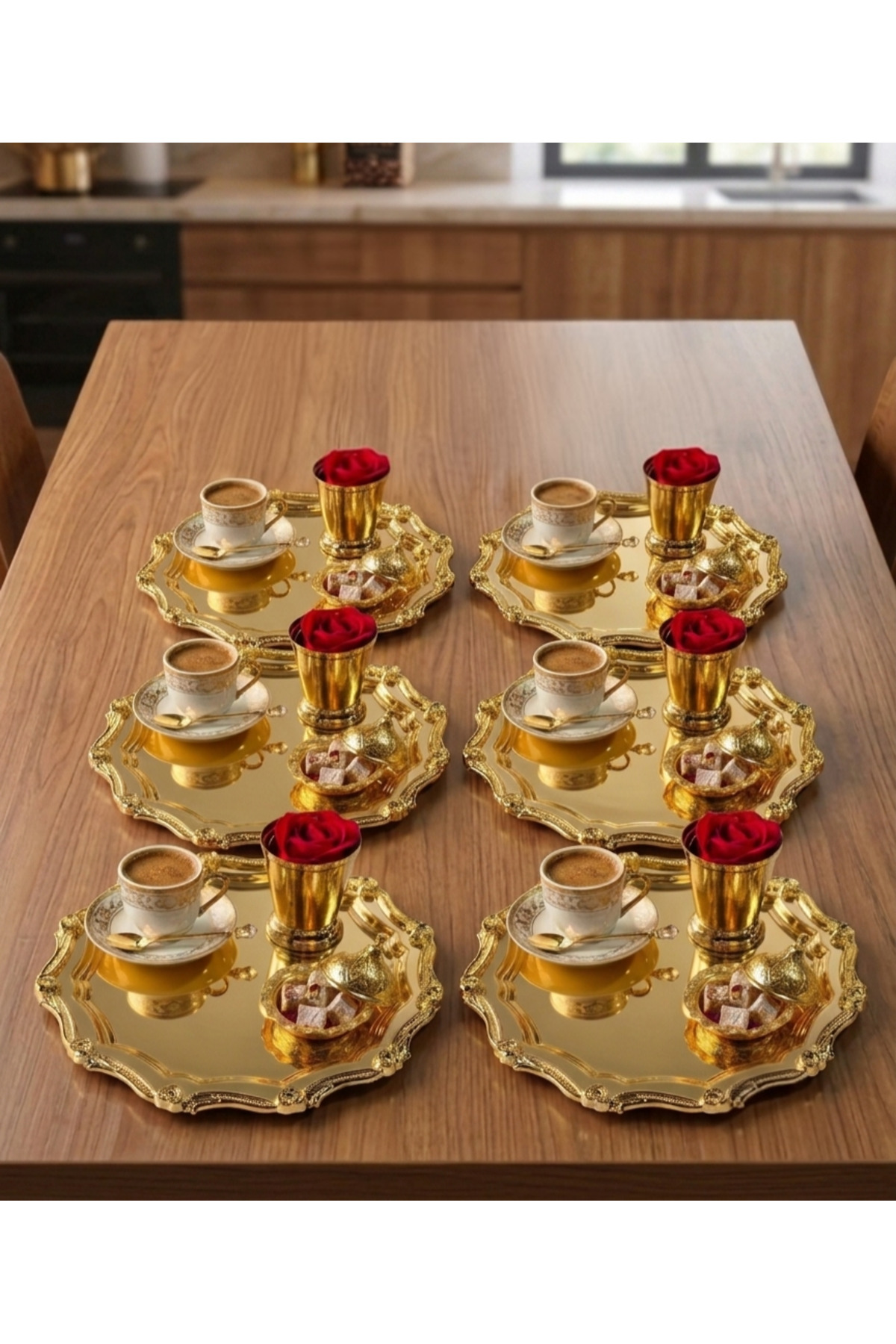GOLD YUVARLAK DALGALI ÇERÇEVELİ 6 ADET KAHVE SUNUM TEPSİSİ