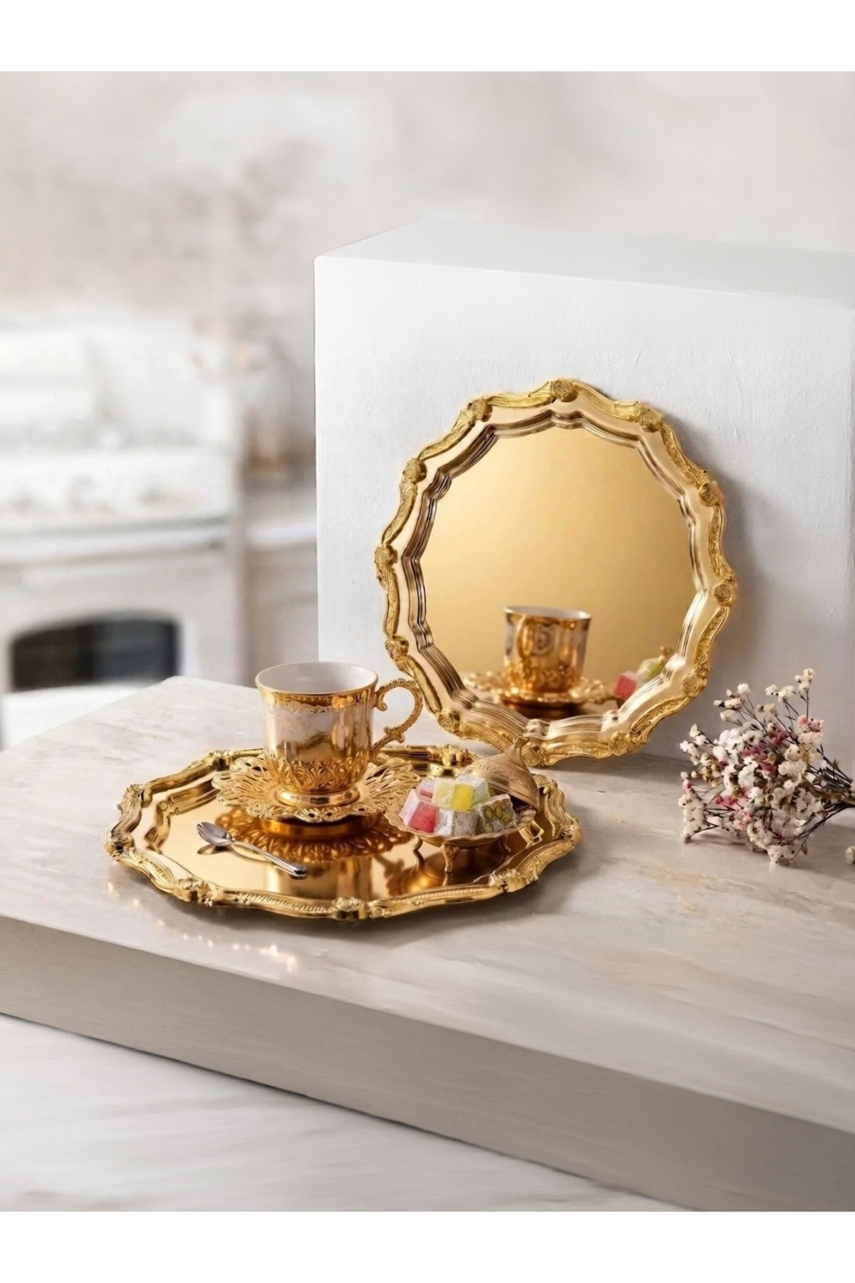GOLD YUVARLAK DALGALI 2 ADET ÇERÇEVELİ KAHVE SUNUM TEPSİSİ