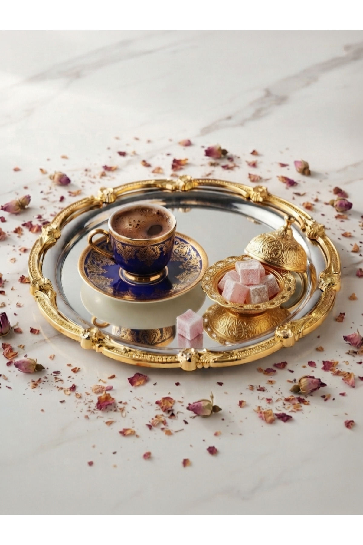 PASLANMAZ ÇELİK YUVARLAK 1 ADET GOLD ÇERÇEVELİ KAHVE SUNUM TEPSİSİ