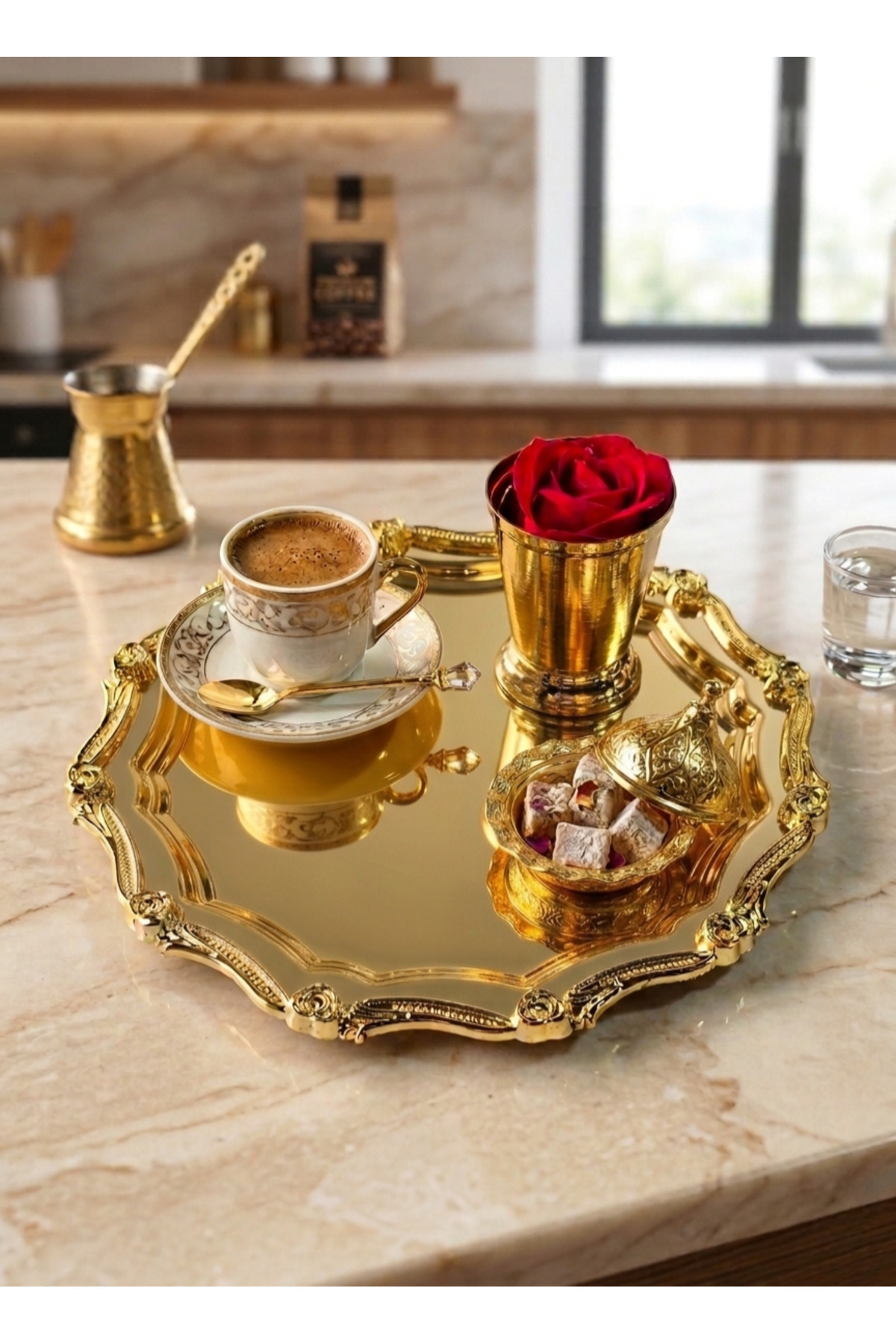 GOLD YUVARLAK DALGALI 1 ADET ÇERÇEVELİ KAHVE SUNUM TEPSİSİ