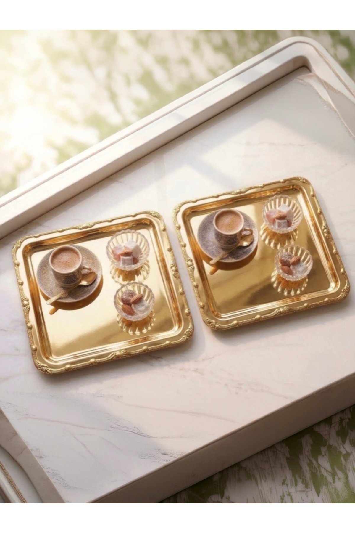 GOLD KARE 2 ADET KENARI GOLD DESENLİ ÇAY KAHVE SUNUM TEPSİSİ