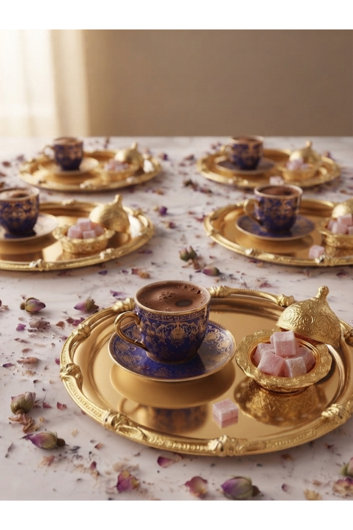 LÜX GOLD YUVARLAK 6 ADET GOLD ÇERÇEVELİ KAHVE SUNUM TEPSİSİ