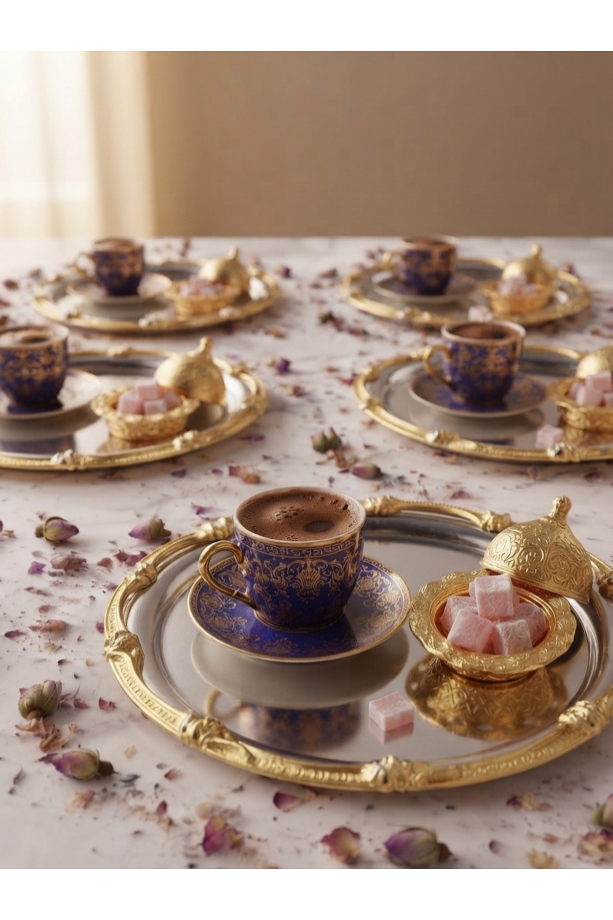 PASLANMAZ ÇELİK YUVARLAK 6 ADET GOLD ÇERÇEVELİ KAHVE SUNUM TEPSİSİ