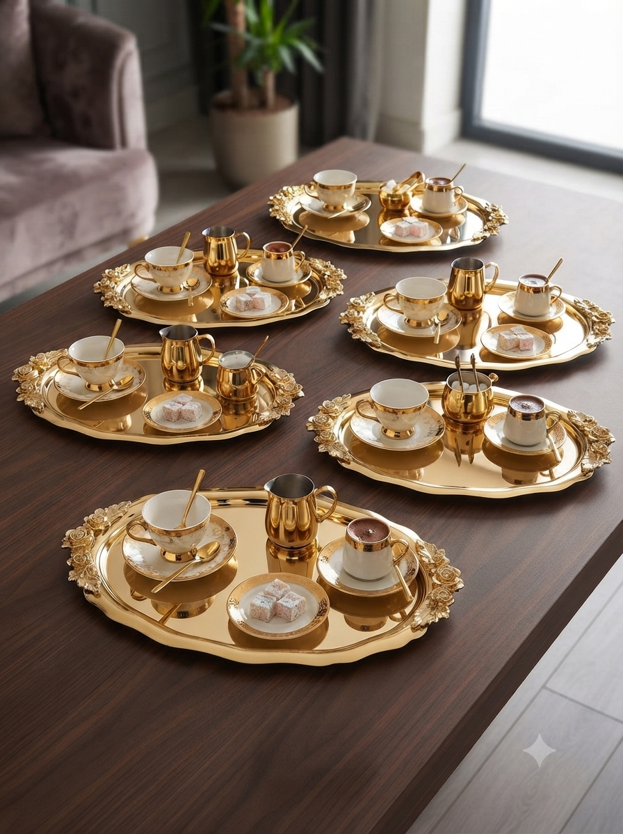 20*25 CM PARLAK GOLD OVAL KULPLU 6 ADET SERVİS VE SUNUM TEPSİSİ