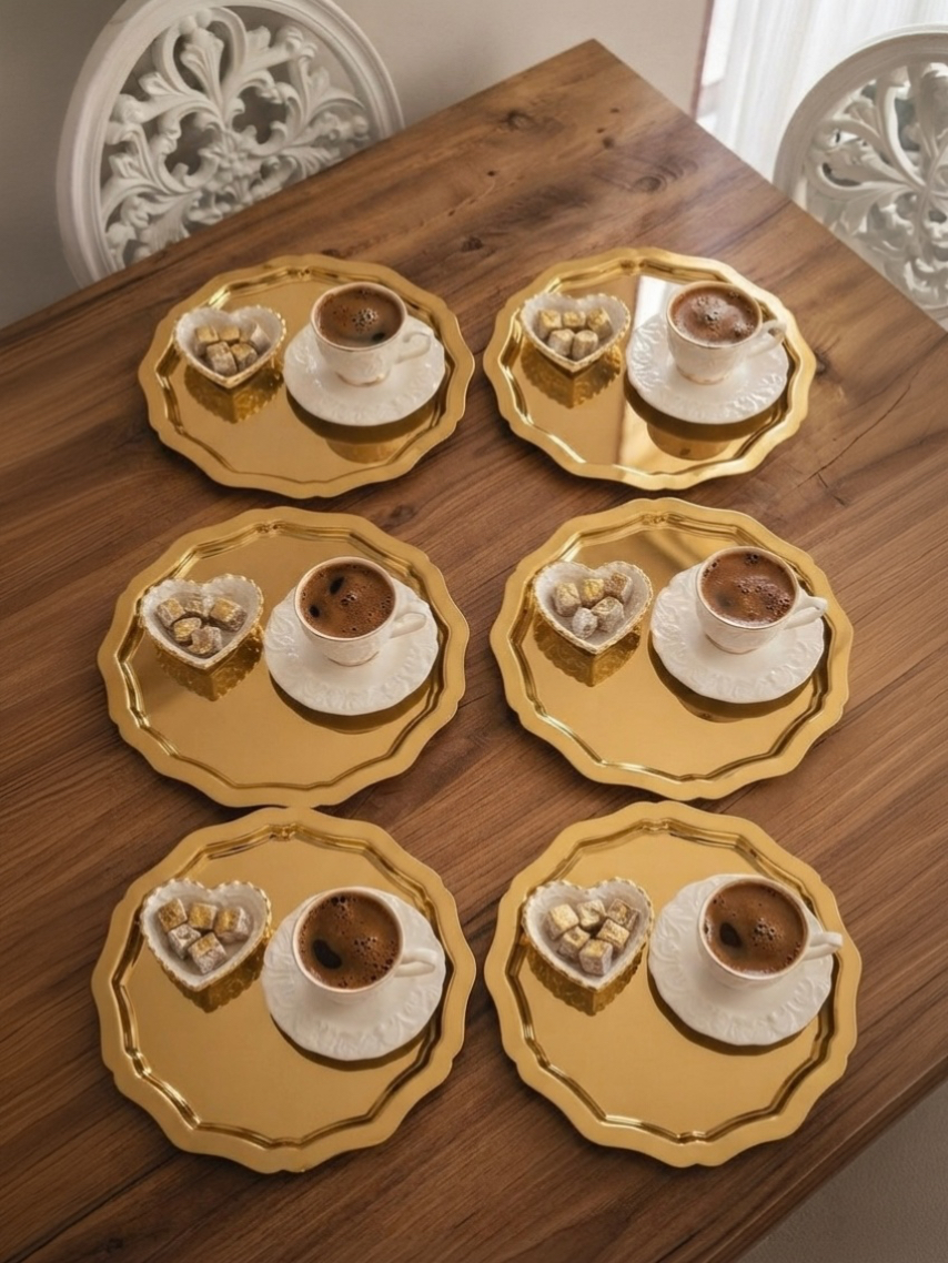 6 ADET GOLD YUVARLAK DALGALI MODEL SERVİS VE SUNUM TEPSİSİ