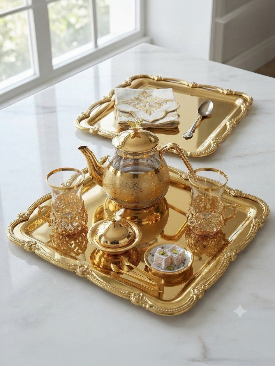PASLANMAZ ÇELİK GOLD RENK GOLD ÇERÇEVELİ 2 ADET SERVİS VE SUNUM TEPSİSİ