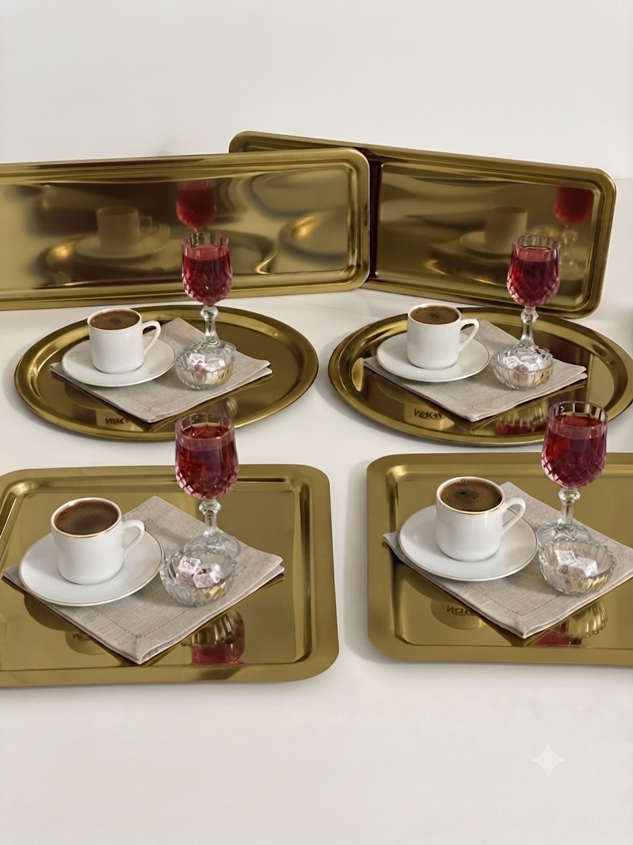 3 FARKLI MODEL GOLD YUVARLAK KARE DİKDÖRTGEN SERVİS VE SUNUM TEPSİSİ