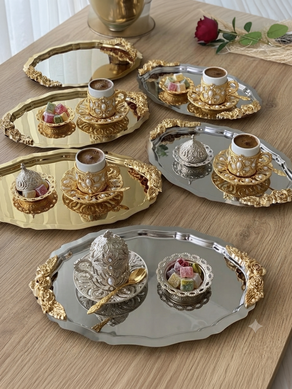 20*25 CM GOLD VE GÜMÜŞ OVAL KULPLU MODEL 6 ADET SUNUM TEPSİSİ