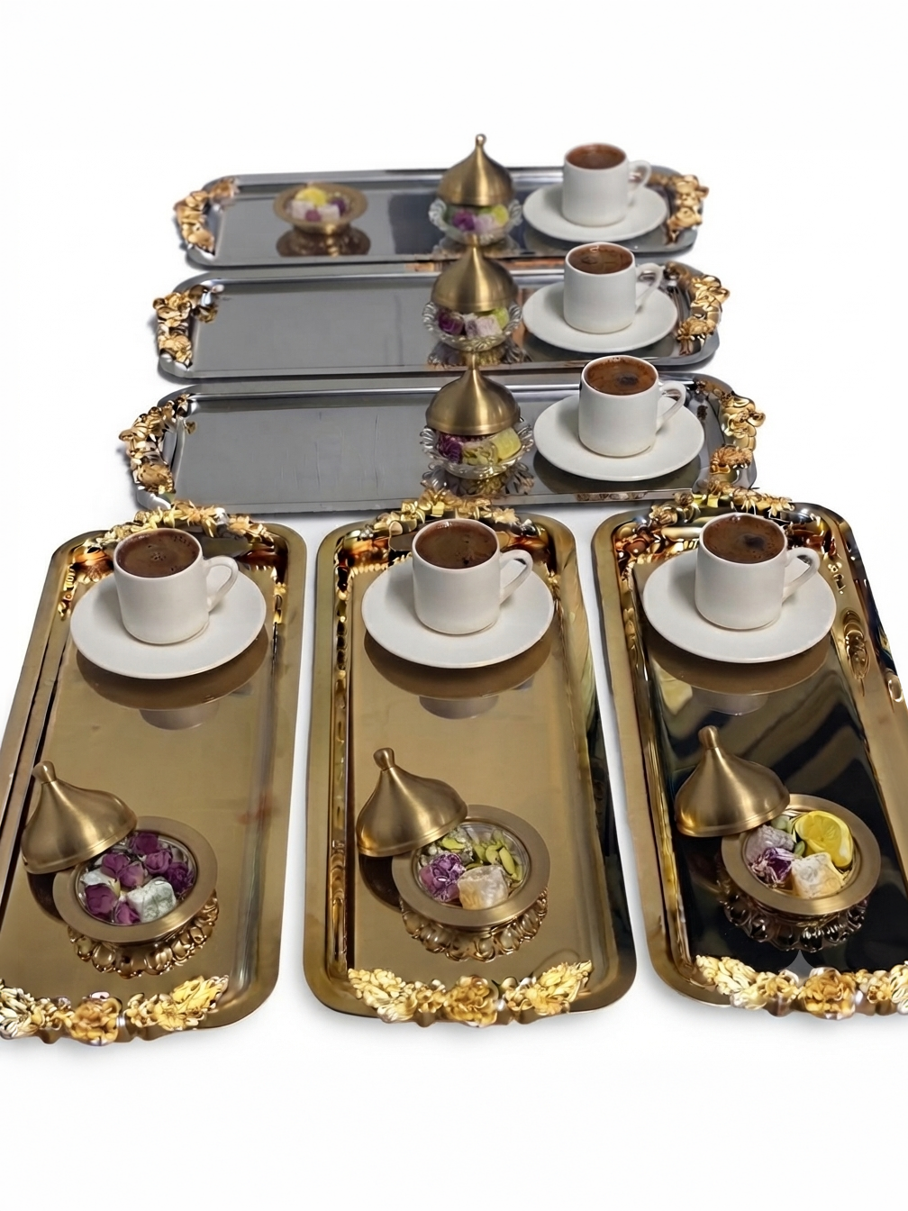 ÇELİK DİKDÖRTGEN 3 ADET GOLD 3 ADET GÜMÜŞ KULPLU SERVİS VE SUNUM TEPSİSİ
