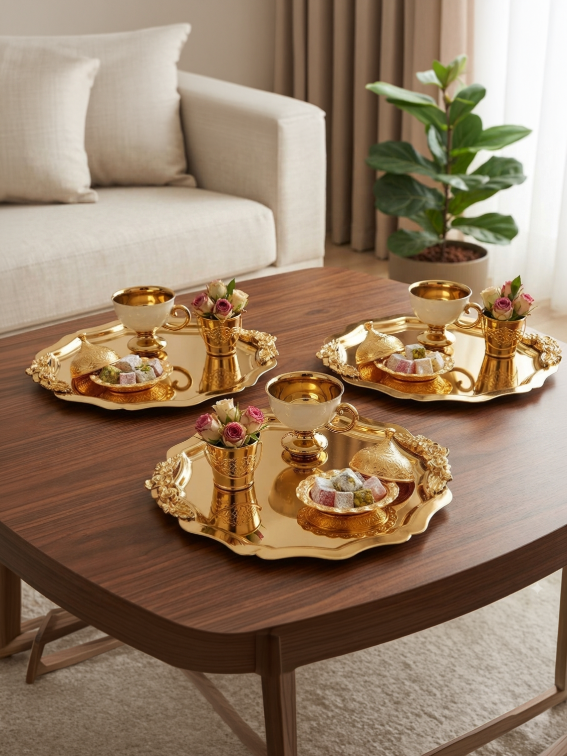 3 ADET GOLD RENK YUVARLAK DALGALI MODEL KULPLU SUNUM TEPSİSİ