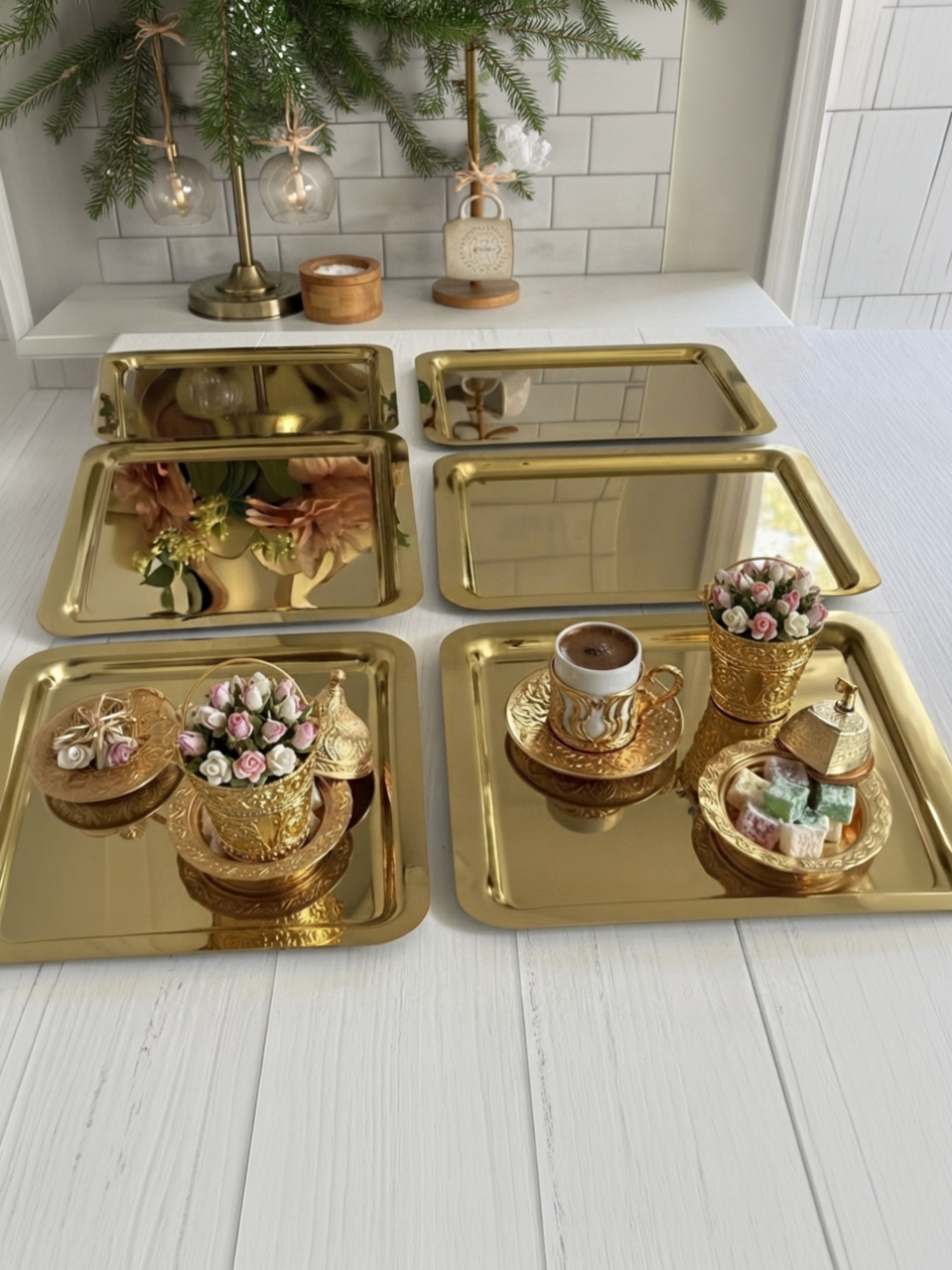 PASLANMAZ ÇELİK GOLD KARE 6 ADET SERVİS VE SUNUM TEPSİSİ