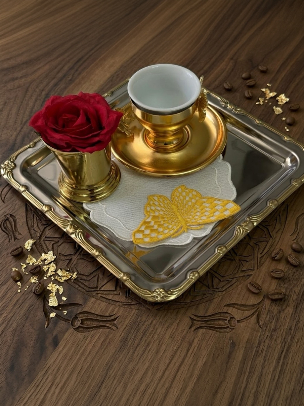 PASLANMAZ ÇELİK KARE 1 ADET KENARI GOLD DESENLİ ÇAY KAHVE TEPSİSİ SUNUM