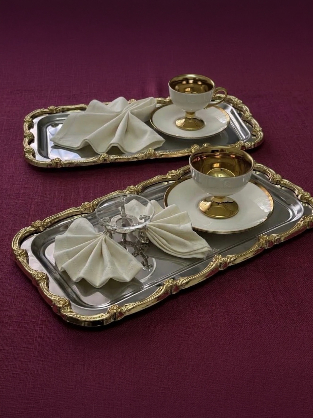 2 ADET ÇELİK BÜYÜK DİKDÖRTGEN GOLD ÇERÇEVELİ SERVİS TEPSİSİ 17*33 CM
