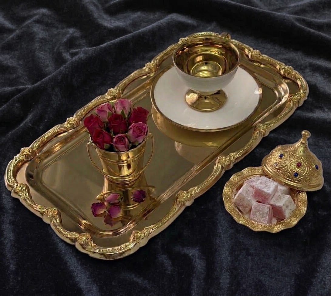 1 ADET GOLD BÜYÜK DİKDÖRTGEN GOLD ÇERÇEVELİ SUNUM TEPSİSİ ÇAY KAHVE 17*33 CM
