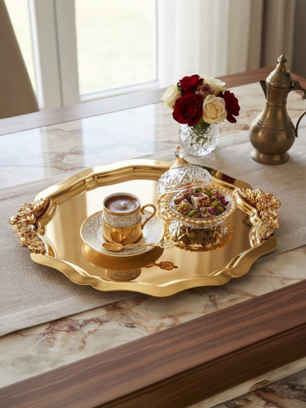1 ADET GOLD YUVARLAK DALGALI MODEL KULPLU SERVİS TEPSİSİ 25 CM